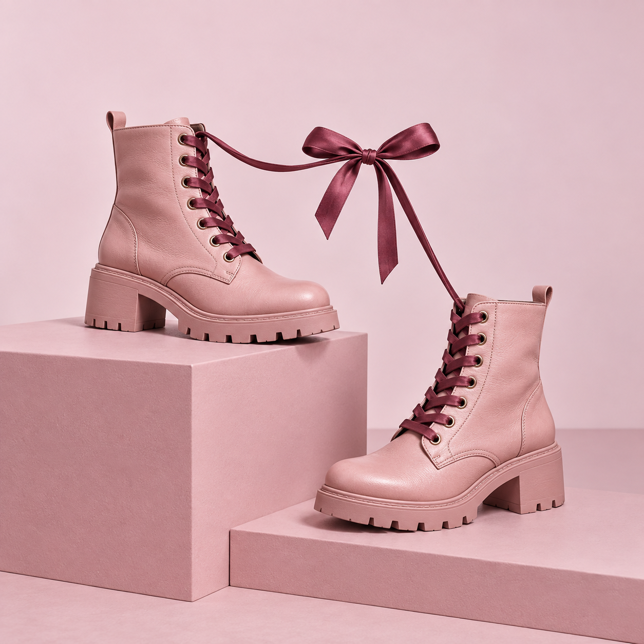 Two pink boots on different-height podiums, their berry-colored laces meeting in one shared bow, illustrating two chats merging